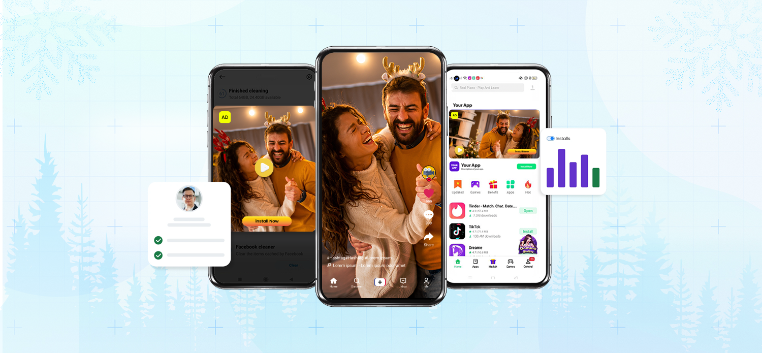 Micro-drama app advertising banner featuring high-impact ad placements, AI-driven targeting, analytics reporting, and Q4 holiday campaign planning.