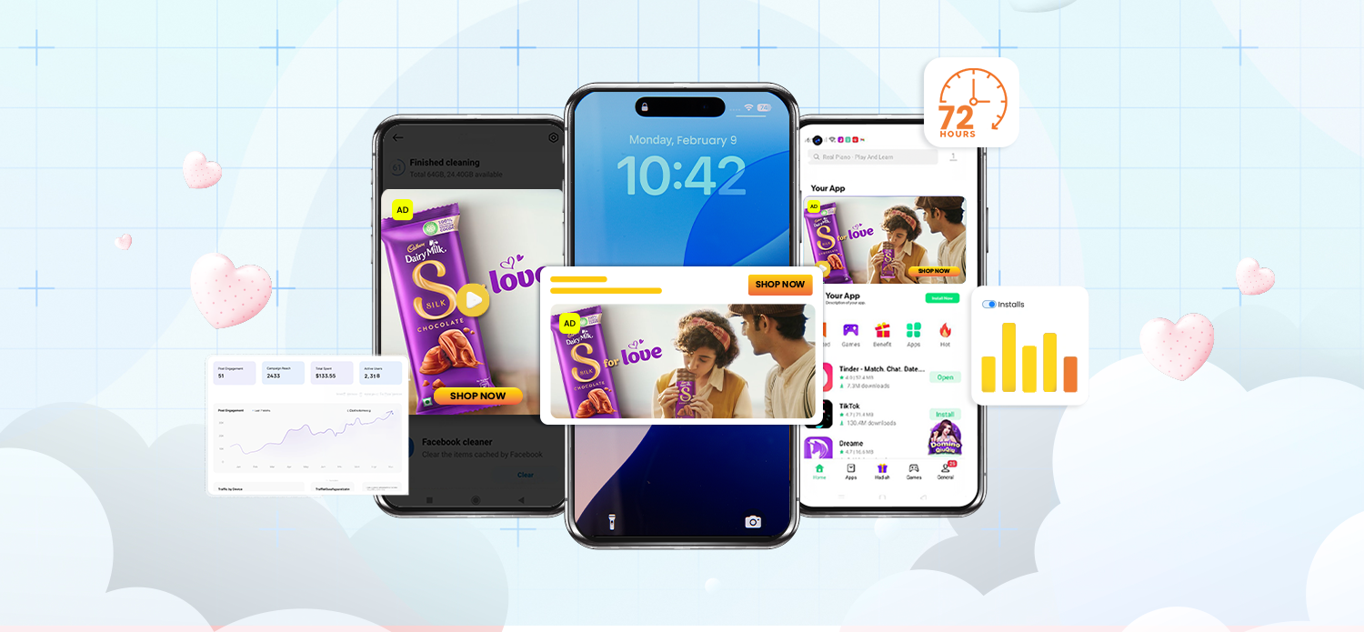 In-app mobile ads highlighting the 72-hour Valentine’s Day performance advertising window with app installs and live analytics.