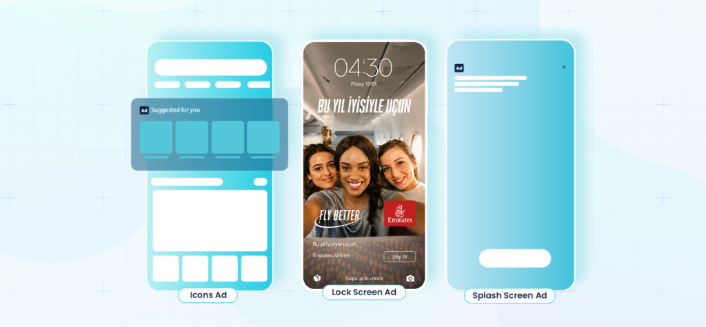 OEM advertising formats shown on a smartphone, including icon ads, lock screen ads, and splash screen ads.
