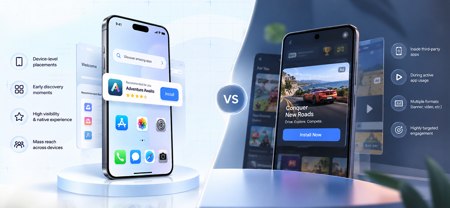 OEM vs in-app advertising comparison on the basis of placement, discovery, and targeting differences.