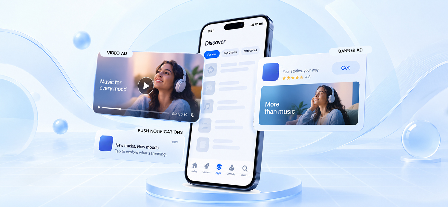 In-app advertising illustration showing video, banner, and push notification ad formats displayed around a mobile app interface.
