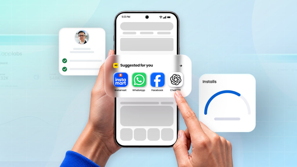  Mobile app advertising platform showing personalized in-app app recommendations designed to drive targeted app installs and user acquisition. 
