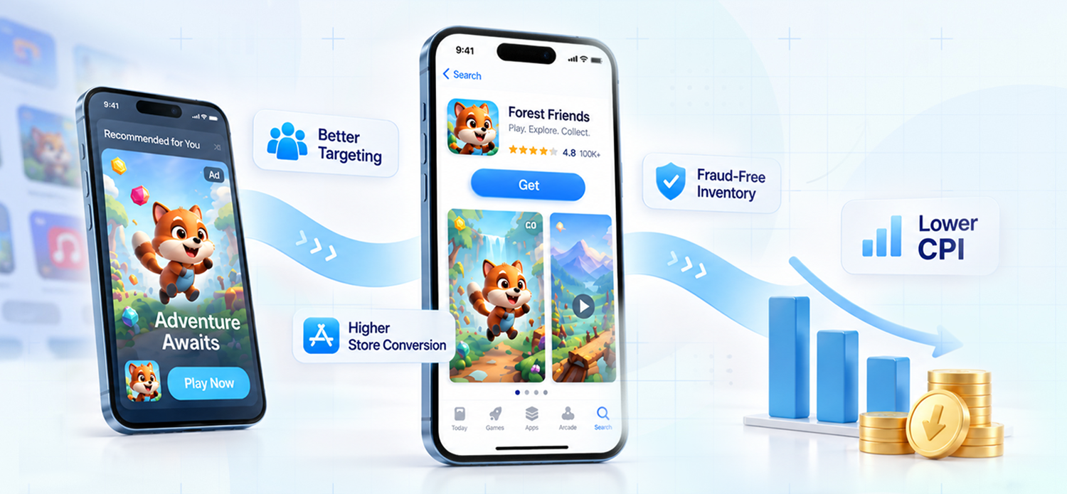 Mobile app advertising strategy showing better targeting, higher app store conversion, fraud-free inventory, and lower CPI.