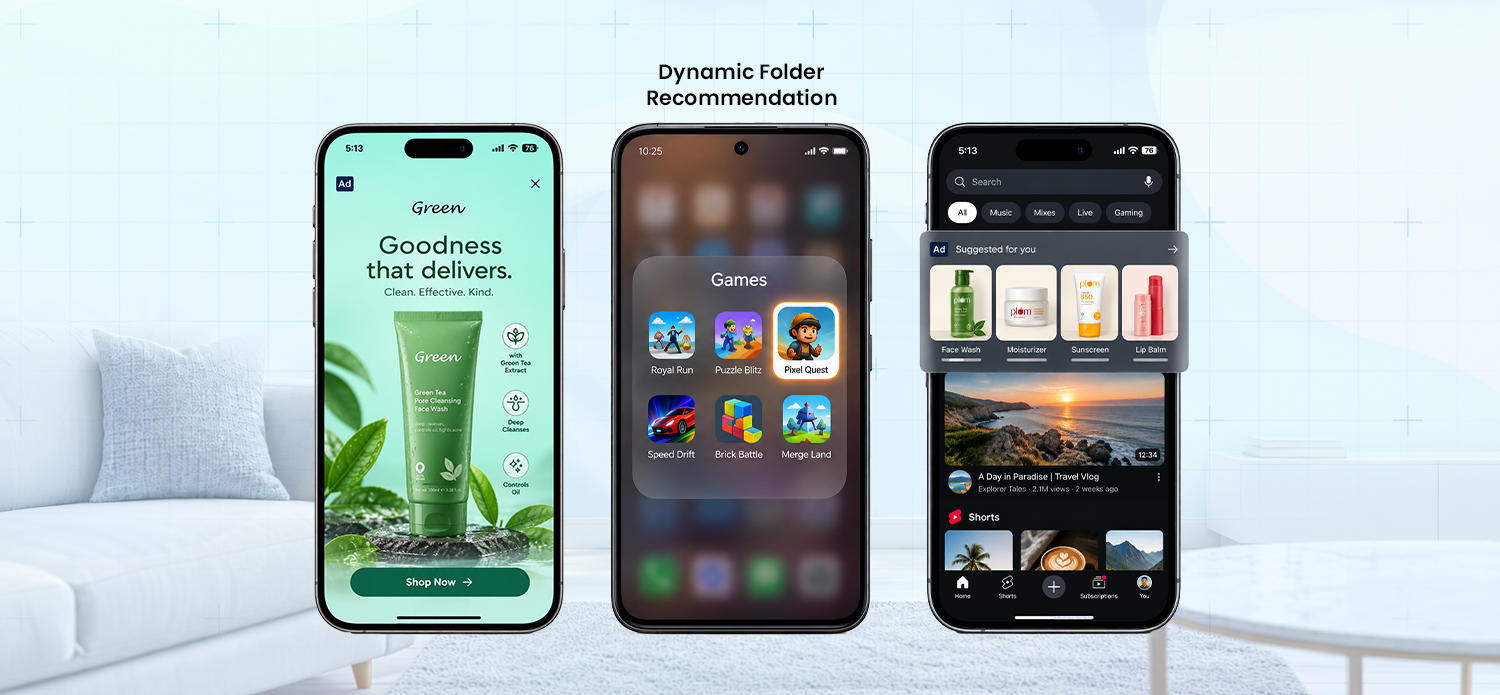 Mobile OEM advertising examples showing an in-app product ad, dynamic folder recommendation, and app search recommendation on smartphones.