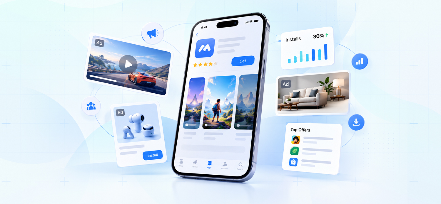 Mobile app advertising with video, product and in-app ad placements around a smartphone, with an install growth indicator and app discovery interface.