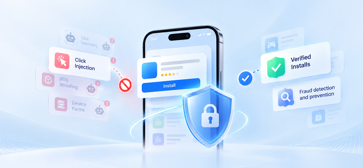 Mobile ad fraud prevention illustration showing click injection, click spamming, and SDK spoofing blocked by security measures, driving verified app installs and fraud detection.