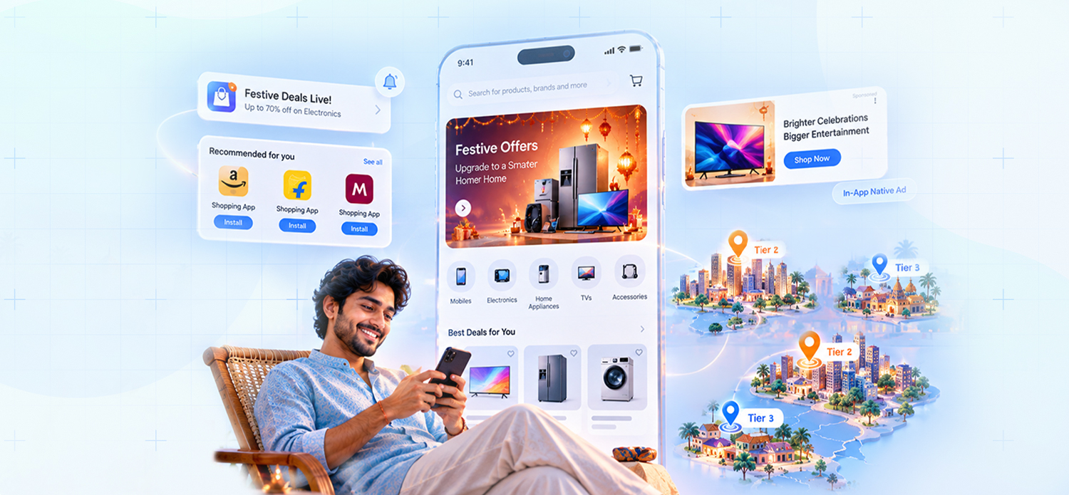 Festive shopping on a smartphone, highlighting app recommendations, in-app ads, and Tier 2 and Tier 3 city growth in India.